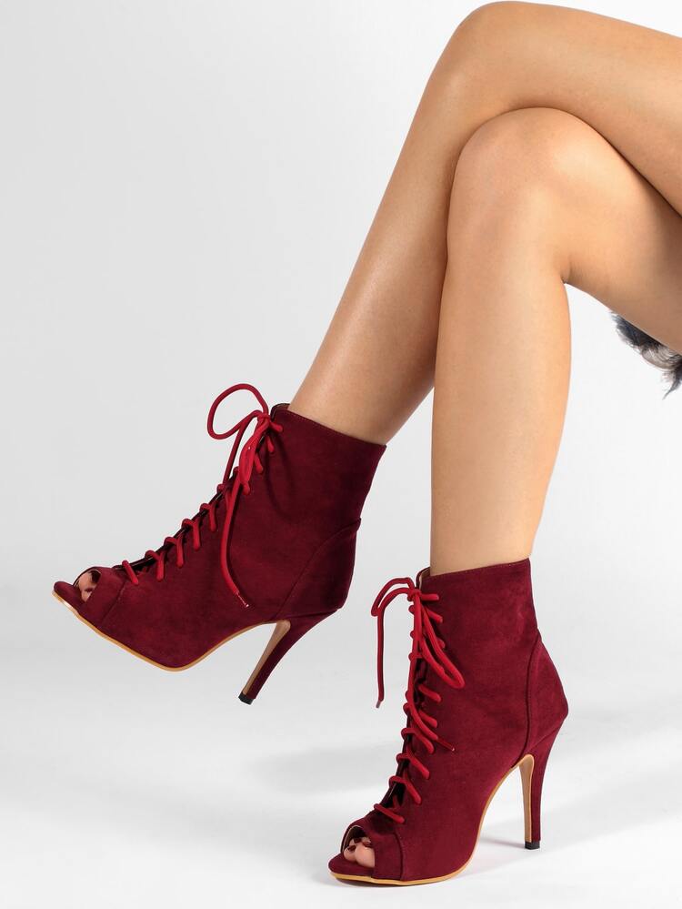 Peep Toe Lace Up Front Boots - Red - View 2