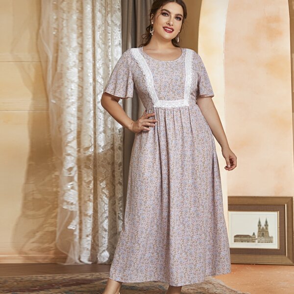 

Plus Lace Panel Ditsy Floral Dress, Multicolor