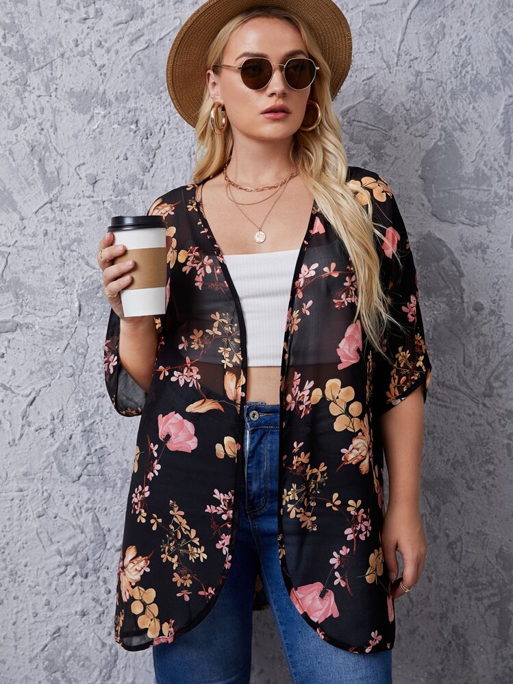 Plus Floral Print Kimono, For Summer Beach Vacation - Black - View 1