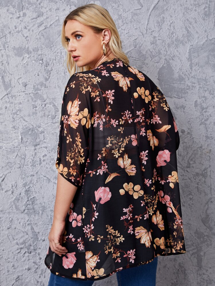 Plus Floral Print Kimono, For Summer Beach Vacation - Black - View 2