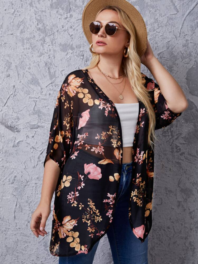 Plus Floral Print Kimono, For Summer Beach Vacation - Black - View 4
