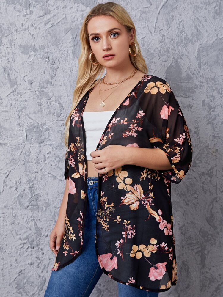 Plus Floral Print Kimono, For Summer Beach Vacation - Black - View 5