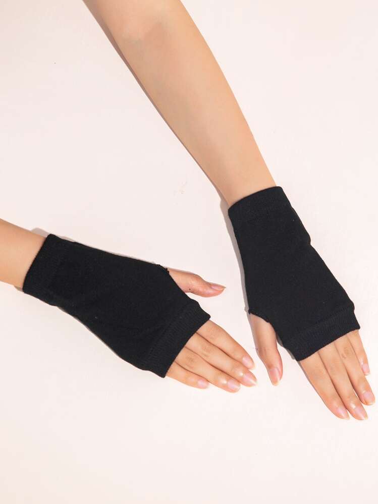 1 双女士露指针织保暖手套，简约设计适合日常秋冬季户外使用防寒手套 - 黑色 - 查看 1