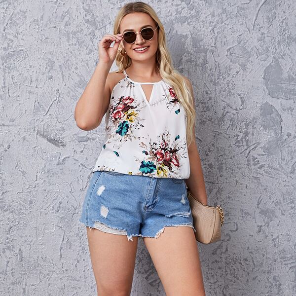 

Plus Floral Print Keyhole Neck Halter Top, Multicolor