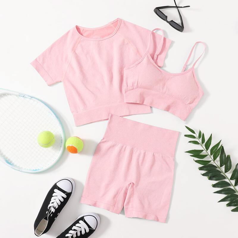 

High Stretch Sports Bra & Tee & Biker Shorts, Baby pink