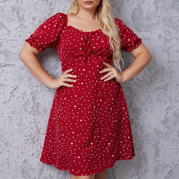 

Plus Allover Print Knot A-line Dress, Red