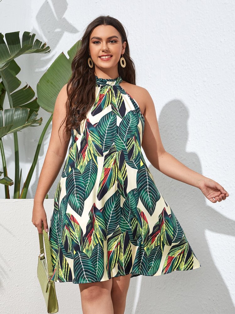 SHEIN VCAY Vestido línea A halter con estampado de hoja - Multicolor - Añade 1