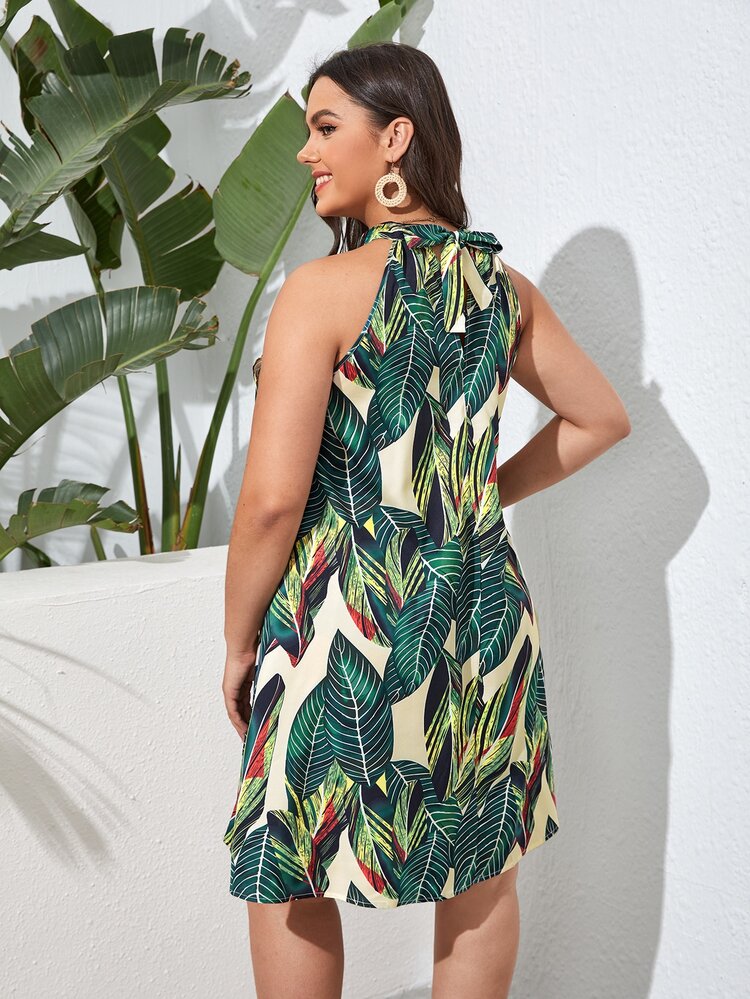 SHEIN VCAY Vestido línea A halter con estampado de hoja - Multicolor - Añade 2