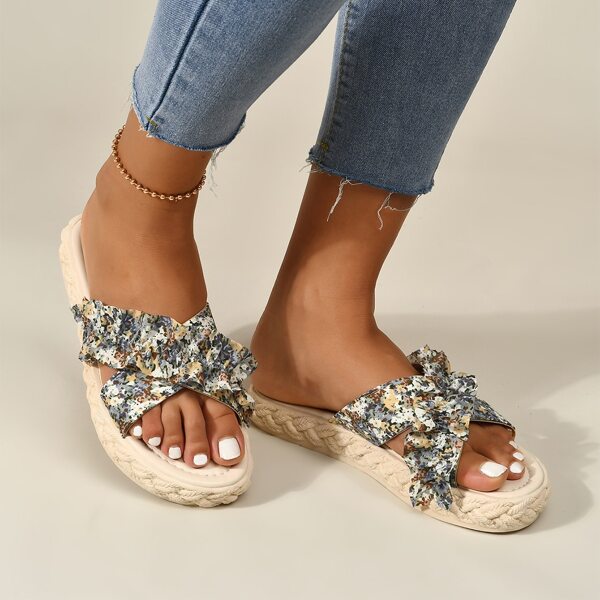 

Floral Graphic Ruffle Decor Slide Sandals, Multicolor