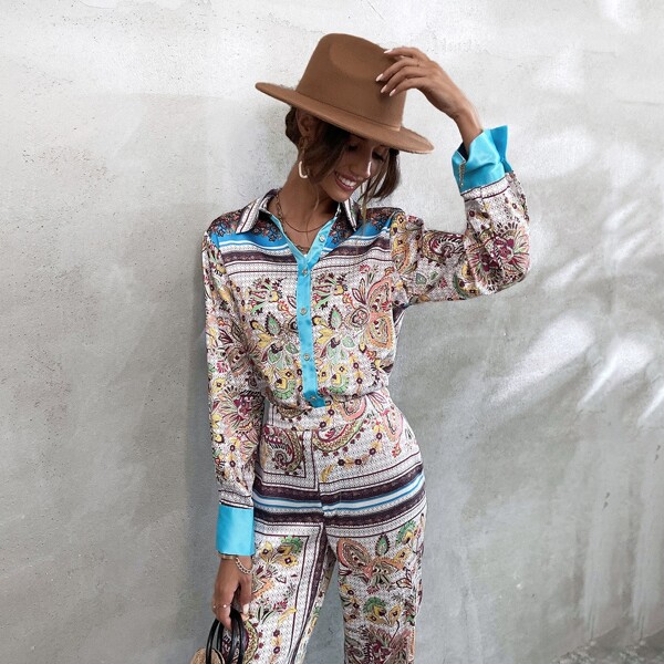 

Floral Print Button Front Satin Blouse, Multicolor