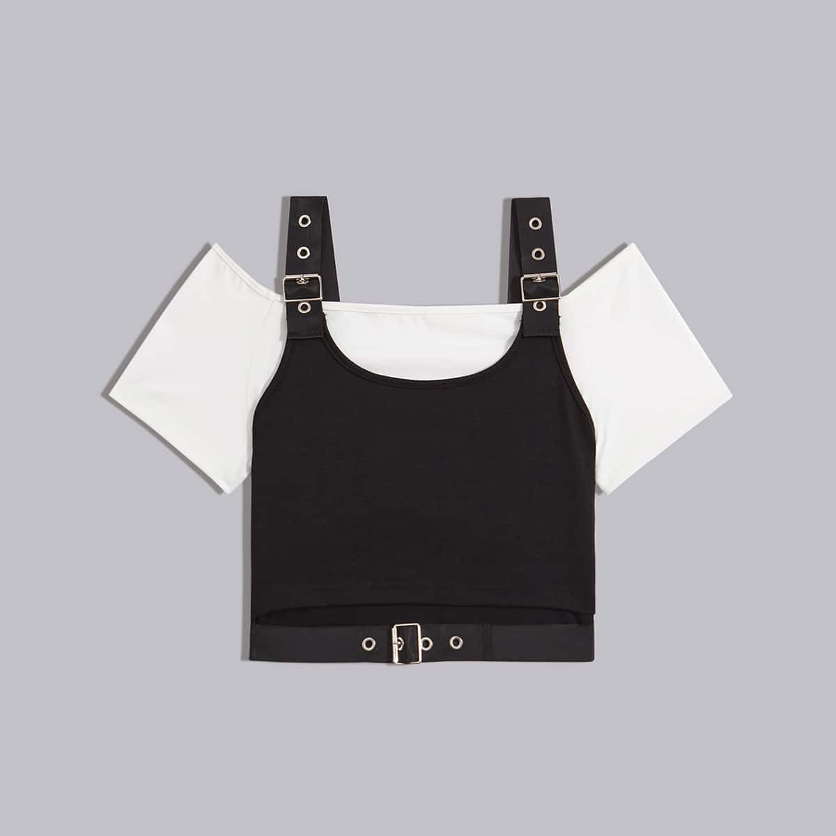 

2 In 1 Grommet Eyelet Crop Tee, Black and white