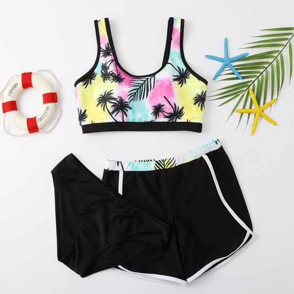 

3pack Girls Palm Tree Print Bikini Swimsuit, Multicolor