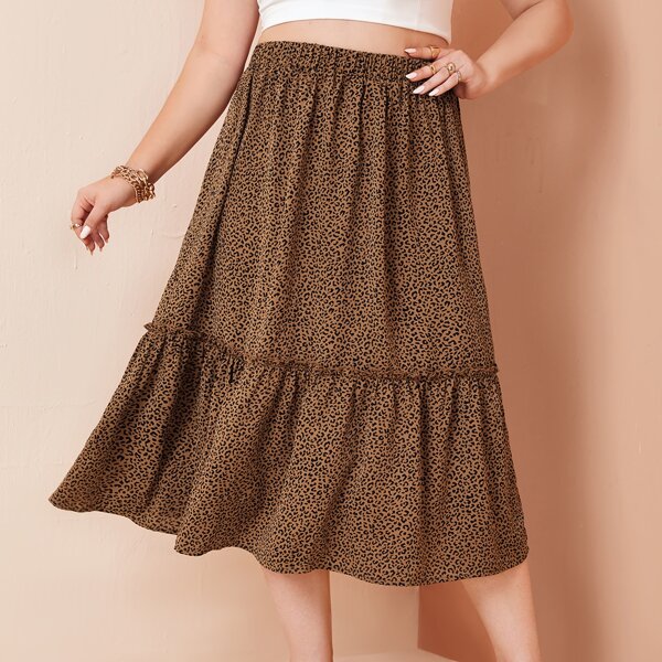 

Plus Allover Print Ruffle Hem Skirt, Coffee brown