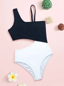 Girls Color Block Cut-out One Piece Swimsuit - Black and White - View 1