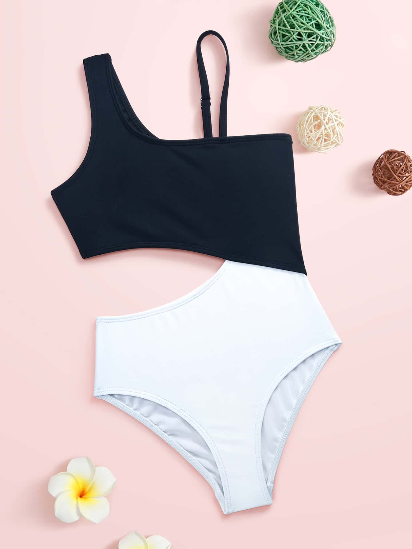Girls Color Block Cut-out One Piece Swimsuit - Black and White - View 1