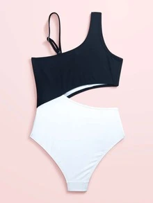 Girls Color Block Cut-out One Piece Swimsuit - Black and White - View 2