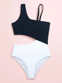 Girls Color Block Cut-out One Piece Swimsuit - Black and White - View 3
