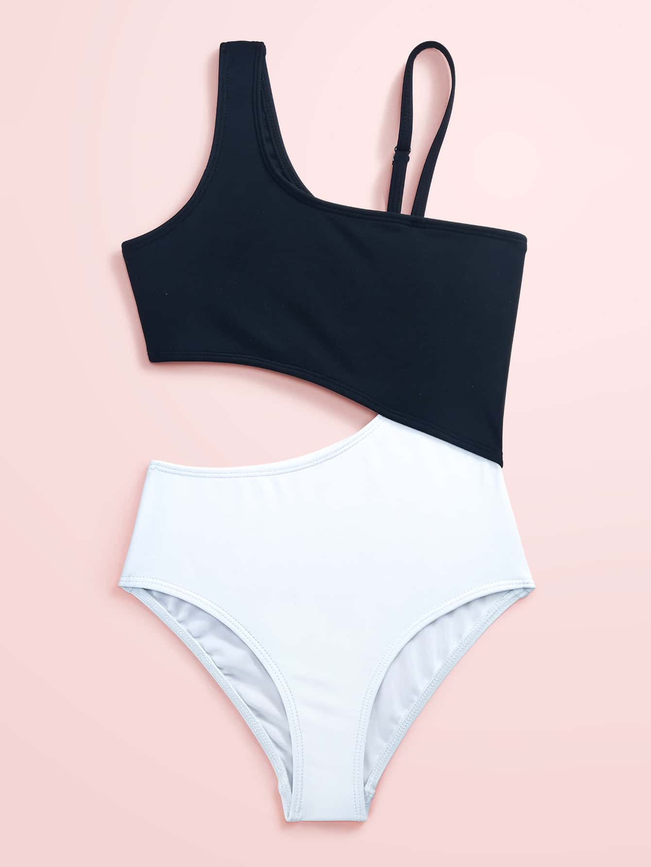 Girls Color Block Cut-out One Piece Swimsuit - Black and White - View 3