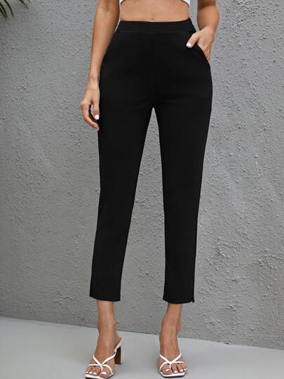 BizChic Women's High Waist Elastic Black Solid Color Slant Pocket Split Hem Pants, Formal Trousers For Business Casual Wear, Autumn/Winter