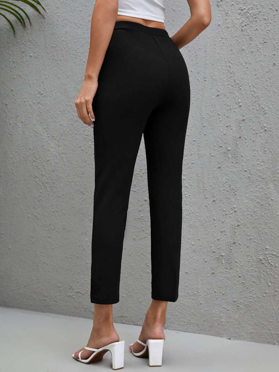 Women's High Waist Elastic Black Solid Color Slant Pocket Split Hem Pants, Formal Trousers For Business Casual Wear, Autumn/Winter