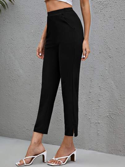 BizChic Women's High Waist Elastic Black Solid Color Slant Pocket Split Hem Pants, Formal Trousers For Business Casual Wear, Autumn/Winter