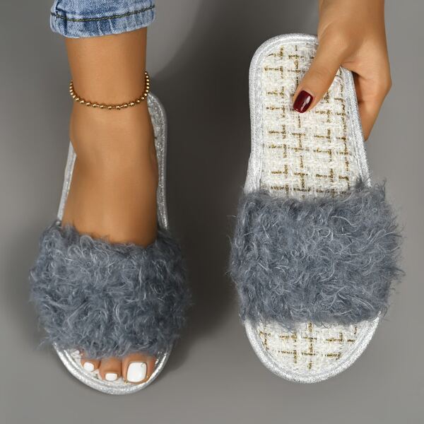 

Plaid Pattern Fluffy Slides, Grey