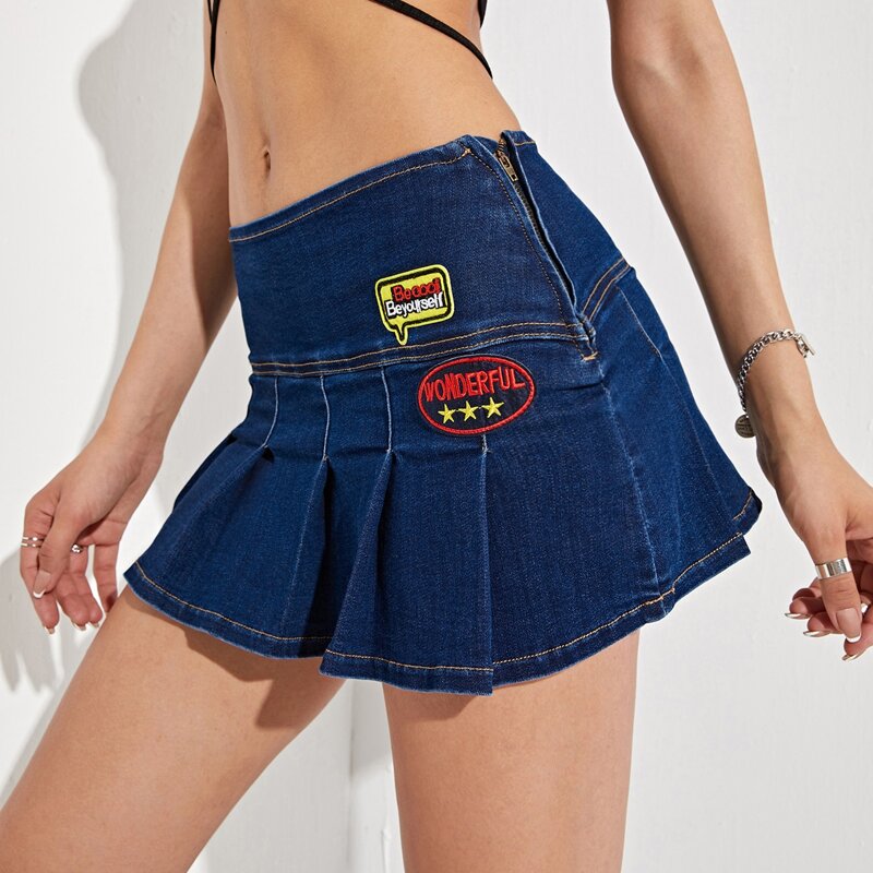 

Letter & Star Embroidery Pleated Denim Skirt, Blue