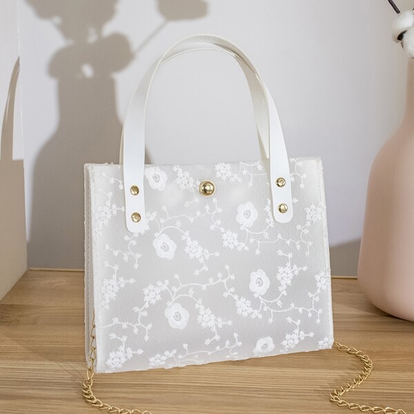 

Floral Embroidery Chain Satchel Bag, White