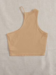 SHEIN EZwear Áo hai dây Bất đối xứng Gân đan màu trơn Gợi cảm - Lạc đà - Xem 2