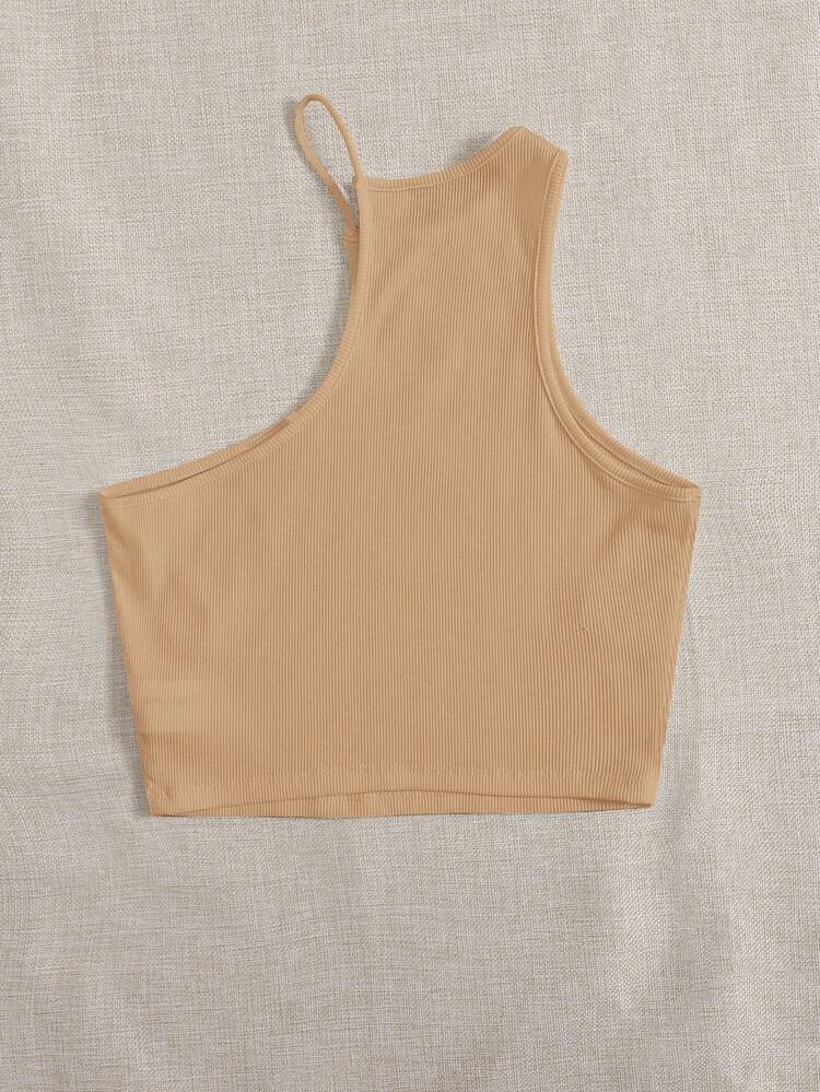 SHEIN EZwear Áo hai dây Bất đối xứng Gân đan màu trơn Gợi cảm - Lạc đà - Xem 2