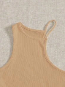 SHEIN EZwear Áo hai dây Bất đối xứng Gân đan màu trơn Gợi cảm - Lạc đà - Xem 4