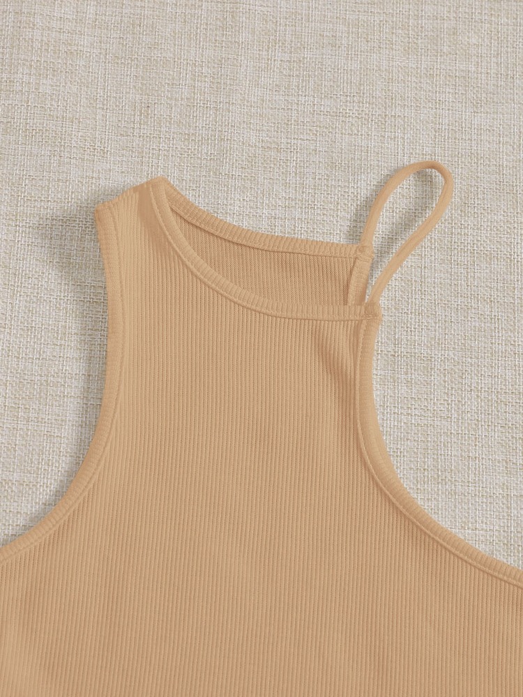 SHEIN EZwear Áo hai dây Bất đối xứng Gân đan màu trơn Gợi cảm - Lạc đà - Xem 4