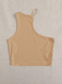 SHEIN EZwear Áo hai dây Bất đối xứng Gân đan màu trơn Gợi cảm - Lạc đà - Xem 5