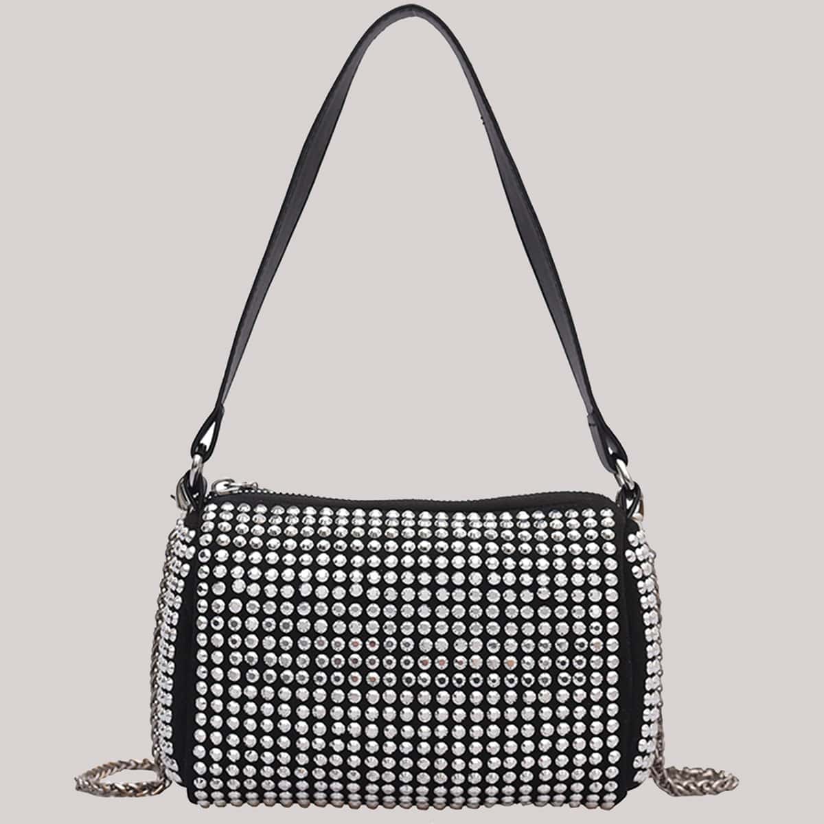 

Allover Rhinestone Decor Shoulder Bag, Silver