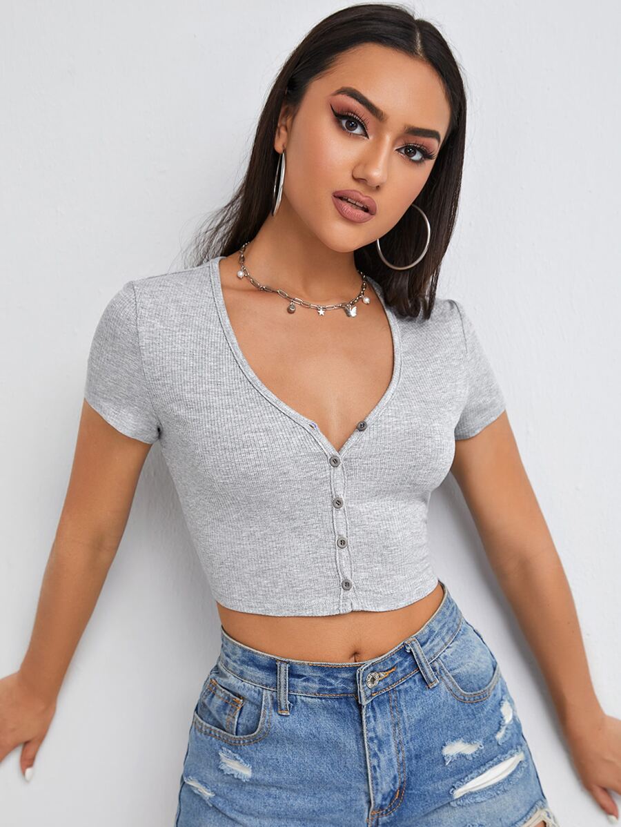 SHEIN EZwear Button Front Rib-knit Tee - Light Grey - View 1