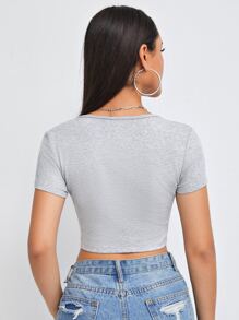 SHEIN EZwear Button Front Rib-knit Tee - Light Grey - View 2