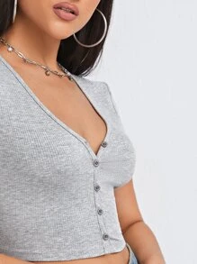 SHEIN EZwear Button Front Rib-knit Tee - Light Grey - View 3