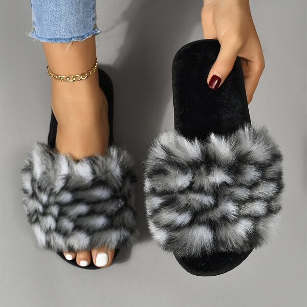 

Fluffy Bedroom Slippers, Black and white