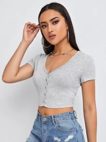 SHEIN EZwear Button Front Rib-knit Tee - Light Grey - View 5