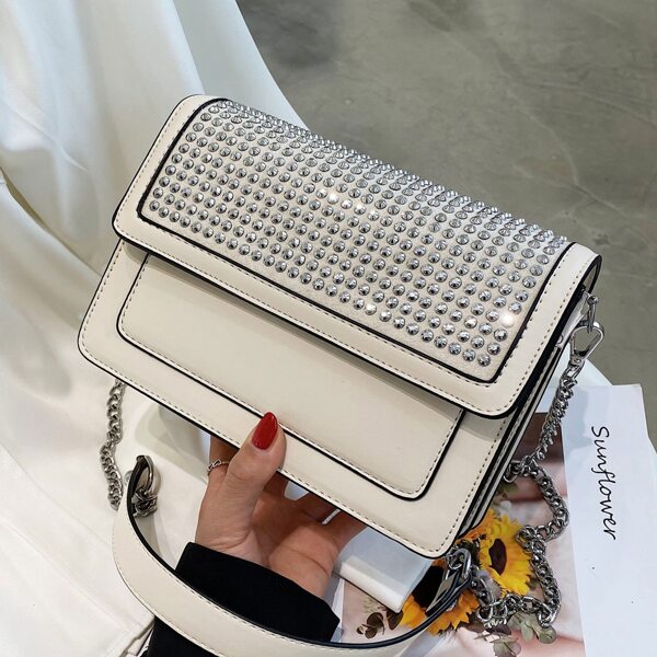 

Rhinestone Decor Chain Crossbody Bag, White