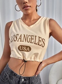 Letter Graphic Drawstring Detail Tank Top - Apricot - View 1