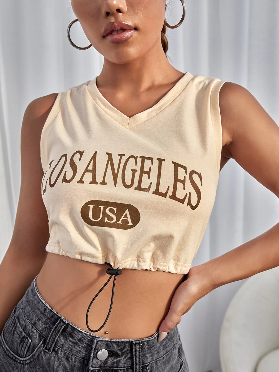 Letter Graphic Drawstring Detail Tank Top - Apricot - View 1