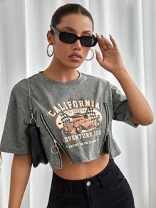 SHEIN MOOSTA Letter Graphic Zip Detail Crop Tee - Grey - View 1