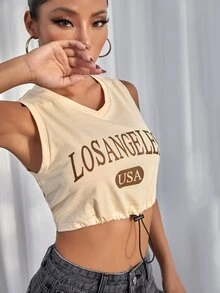 Letter Graphic Drawstring Detail Tank Top - Apricot - View 5