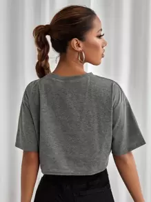 SHEIN MOOSTA Letter Graphic Zip Detail Crop Tee - Grey - View 2