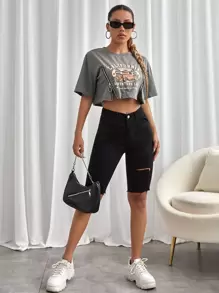 SHEIN MOOSTA Letter Graphic Zip Detail Crop Tee - Grey - View 3