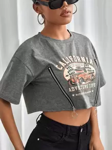 SHEIN MOOSTA Letter Graphic Zip Detail Crop Tee - Grey - View 4