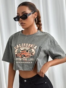 SHEIN MOOSTA Letter Graphic Zip Detail Crop Tee - Grey - View 5