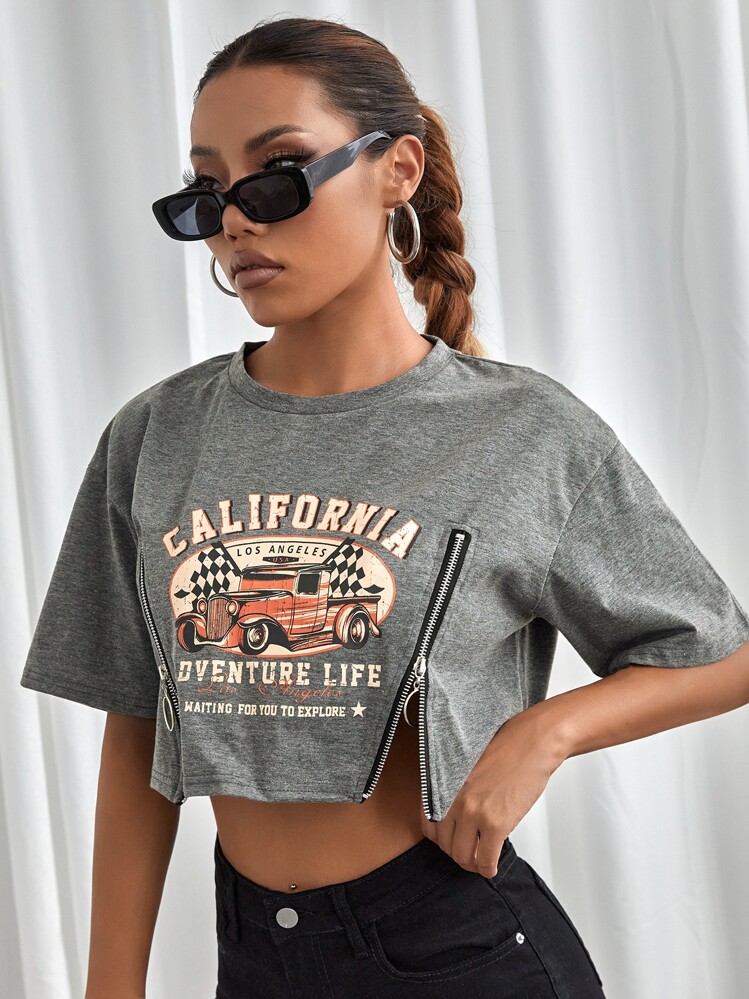 SHEIN MOOSTA 字母圖案拉鏈細節短款T恤 - 灰色 - 查看 5