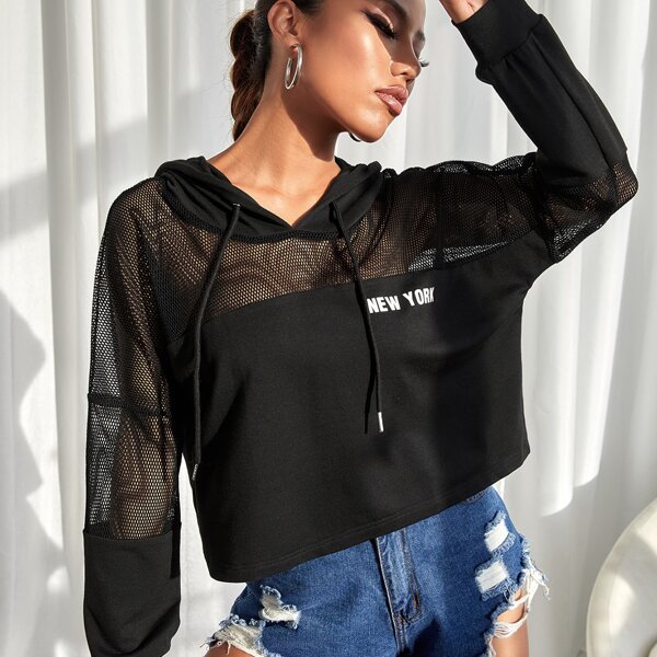 

Contrast Fishnet Letter Graphic Drawstring Hoodie, Black